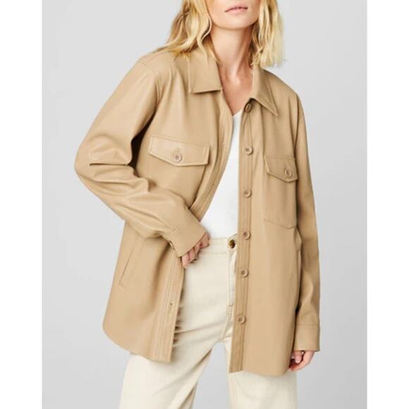 Blank NYC Faux Leather Long Sleeve Button-Front Shacket Tan Beige Small - Picture 1 of 5